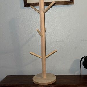 18" TALL Handmade Natural Wood Mug Tree Stand Light Wood Unstained
